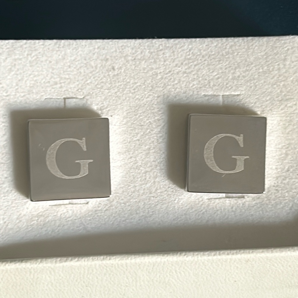 New Dual Monocle Monogrammed Square “G” Initial Cufflinks Silver Tone
